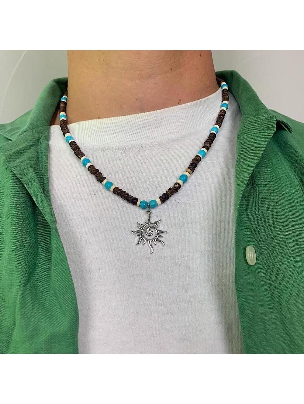 Y2k 2000s style Wood Beaded dark brown and blue mixed wood Necklace with Cyber - Picture 2 of 8
